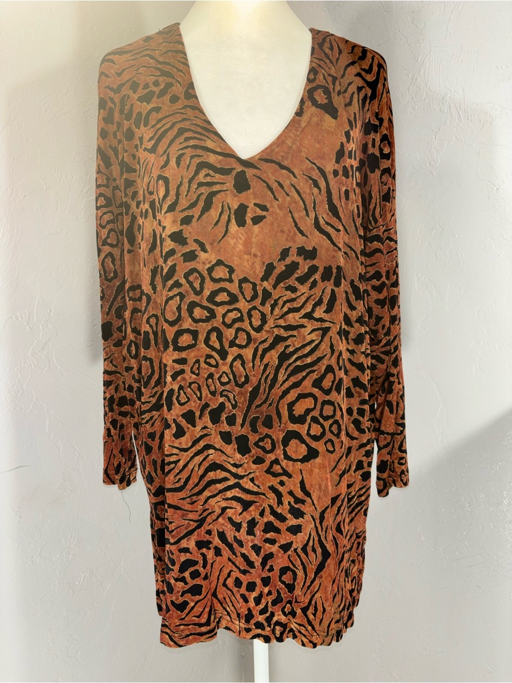 Long-Sleeve Rust Animal Print V-Neck Tunic